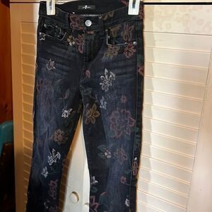 7 For All Mankind Dark Rinse Roxanne Ankle Raw Hem Floral Skinny Jeans 26